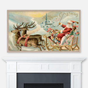 A Merry Christmas Vintage Card - Samsung Frame TV Art 4K - Antique Postcard of Santa in Sleigh with Toys and Reindeer - Digital Download