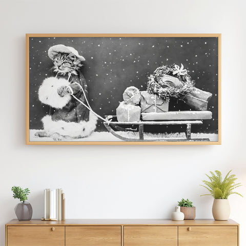 Vintage Christmas Kitty - Samsung Frame TV Art 4K - Funny Cat Holiday Shopper - Old Grainy Black & White Photography - Digital Download