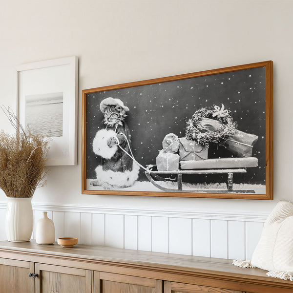 Vintage Christmas Kitty - Samsung Frame TV Art 4K - Funny Cat Holiday Shopper - Old Grainy Black & White Photography - Digital Download