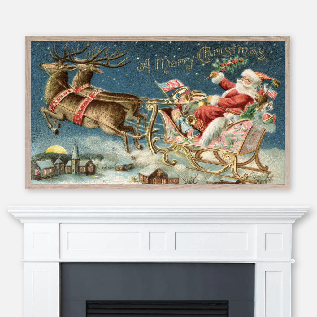 A Merry Christmas Vintage Card - Samsung Frame TV Art 4K - Antique Postcard of Santa in Sleigh Flying Over Village at Night - Digital Download