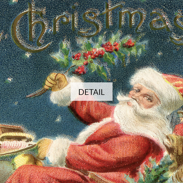 A Merry Christmas Vintage Card - Samsung Frame TV Art 4K - Antique Postcard of Santa in Sleigh Flying Over Village at Night - Digital Download