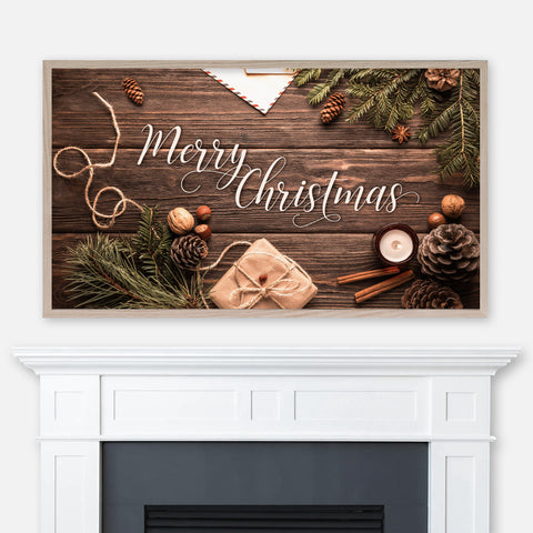 Merry Christmas Samsung Frame TV Art 4K - Cozy Rustic Pine Cones Tree Branches On Wood Table - Digital Download