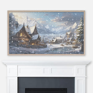 Winter Christmas Samsung Frame TV Art 4K - Fairy Snowy Scene Painting - Alpine Village in the Mountains - Digital Download