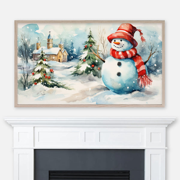 Winter Christmas Samsung Frame TV Art 4K - Snowman with Decorated Pine Trees and Church - Watercolor Landscape - Digital Download