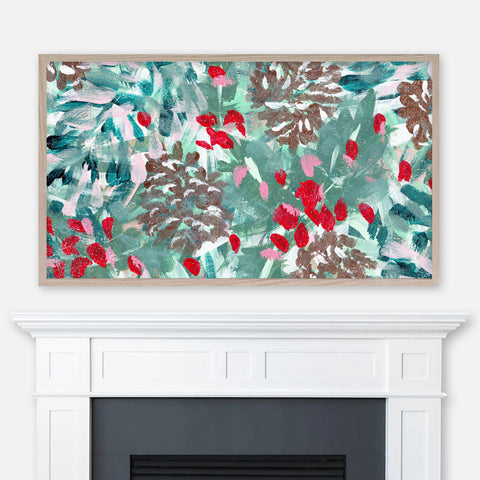 Christmas Samsung Frame TV Art 4K - Abstract Festive Pattern Painting Detail No.1 - Pinecones Branches Mistletoe - Digital Download