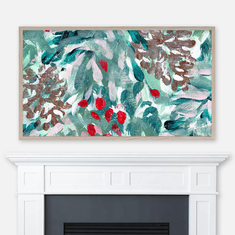 Christmas Samsung Frame TV Art 4K - Abstract Festive Pattern Painting Detail No.2 - Pinecones Branches Mistletoe - Digital Download