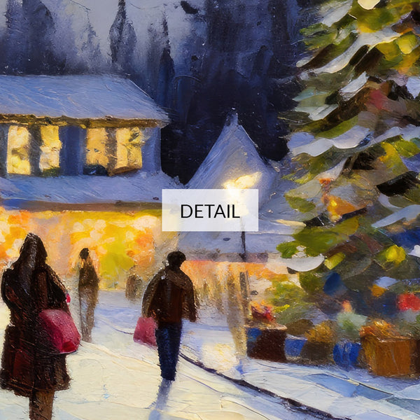 Christmas Samsung Frame TV Art 4K - Blue Night Illuminated Village Market Place with People Shopping - Oil Painting - Digital Download