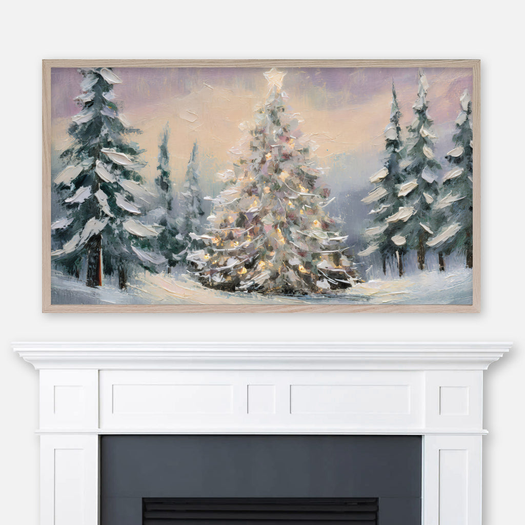 Christmas Samsung Frame TV Art 4K - Illuminated Tree in Pine Forest - Soft Pastel Colors - Impasto Palette Knife Painting - Digital Download