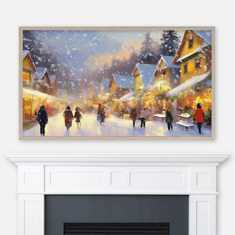 Christmas Samsung Frame TV Art 4K - Village Street with Illuminated Shops and People on Snowy Night - Oil Painting - Digital Download