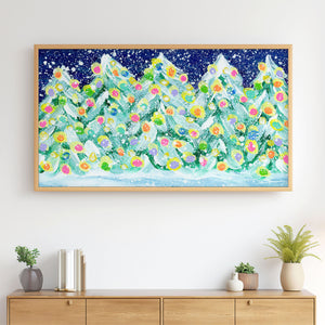 Colorful Illuminated Christmas Trees in Snowy Night Painting - 4K Samsung Frame TV Art - Digital Download