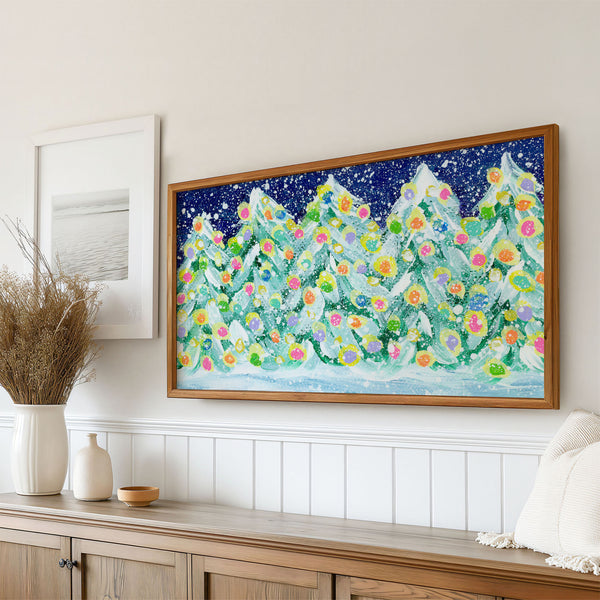 Colorful Illuminated Christmas Trees in Snowy Night Painting - 4K Samsung Frame TV Art - Digital Download