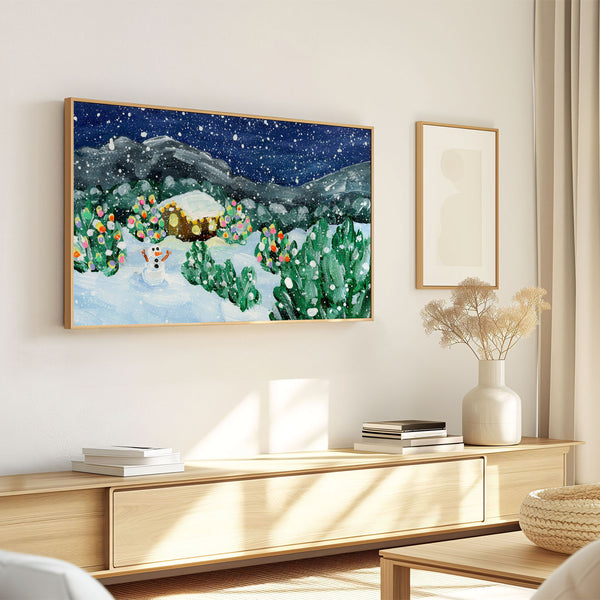 Snowy Winter Christmas Night Scene Painting - Cabin Mountains Illuminated Trees Snowman - 4K Samsung Frame TV Art - Digital Download