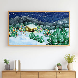 Snowy Winter Christmas Night Scene Painting - Cabin Mountains Illuminated Trees Snowman - 4K Samsung Frame TV Art - Digital Download