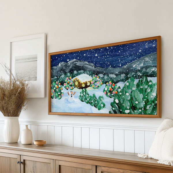 Snowy Winter Christmas Night Scene Painting - Cabin Mountains Illuminated Trees Snowman - 4K Samsung Frame TV Art - Digital Download