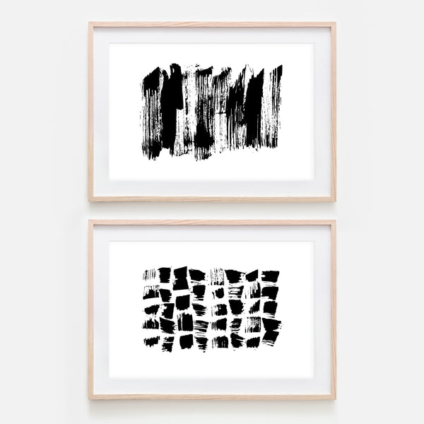 Set of 2 Abstract No. 1 Wall Art - Black and White Ink Brush Strokes Painting - Print, Poster or Printable Download - Horizontal