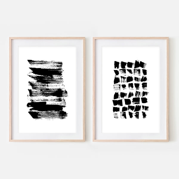 Set of 2 Abstract No. 1 Wall Art - Black and White Ink Brush Strokes Painting - Print, Poster or Printable Download - Vertical