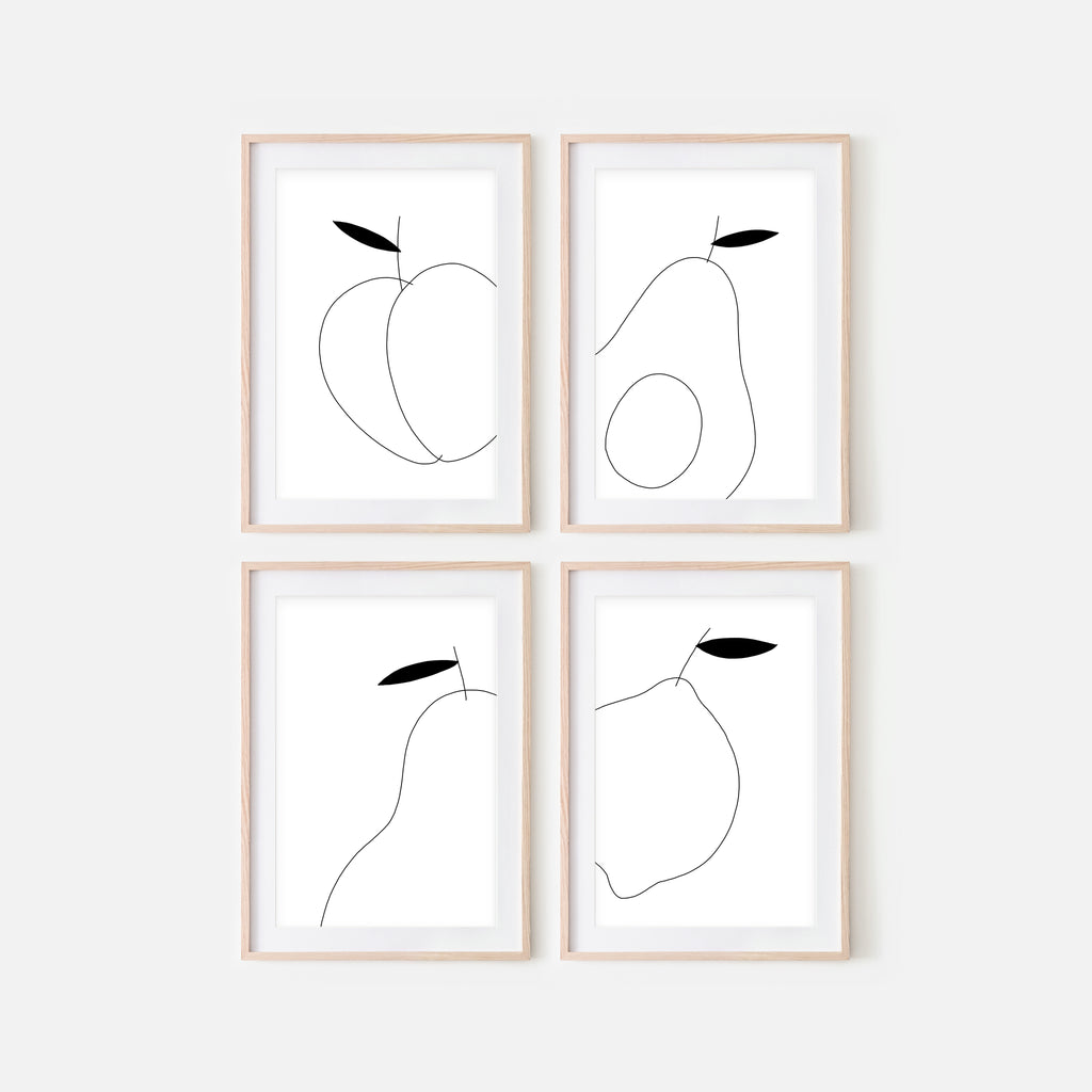 Set of 4 Fruit Wall Art - Peach Avocado Pear Lemon - Black and White Line Drawing - Print, Poster or Printable Download