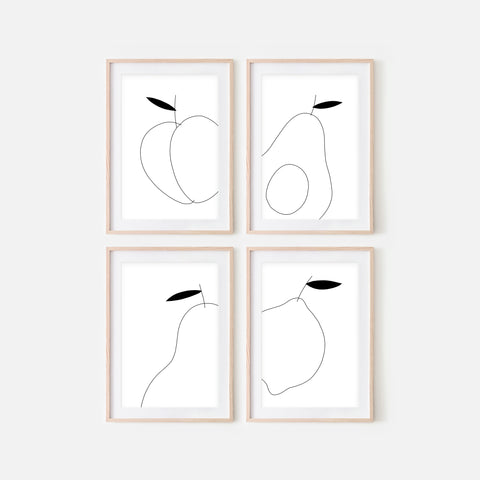 Set of 4 Fruit Wall Art - Peach Avocado Pear Lemon - Black and White Line Drawing - Print, Poster or Printable Download