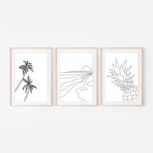Set of 3 Beach Wall Art - Palm Tree Sunset Pineapple - Black and White Line Art Drawing - Print, Poster or Printable Download - Home Decor