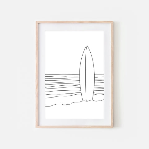 Beach No. 10 Line Art - Surf Decor - Minimalist Surfboard Coastal Landscape Wall Art - Black and White Print, Poster or Printable Download