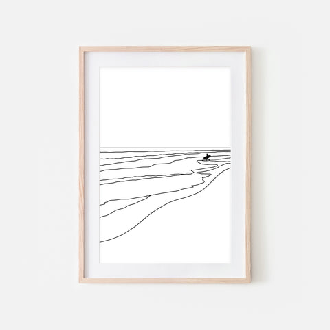 Beach No. 12 Wall Art - Surfer in Ocean Line Art -  Surf Decor - Black and White Print, Poster or Printable Download