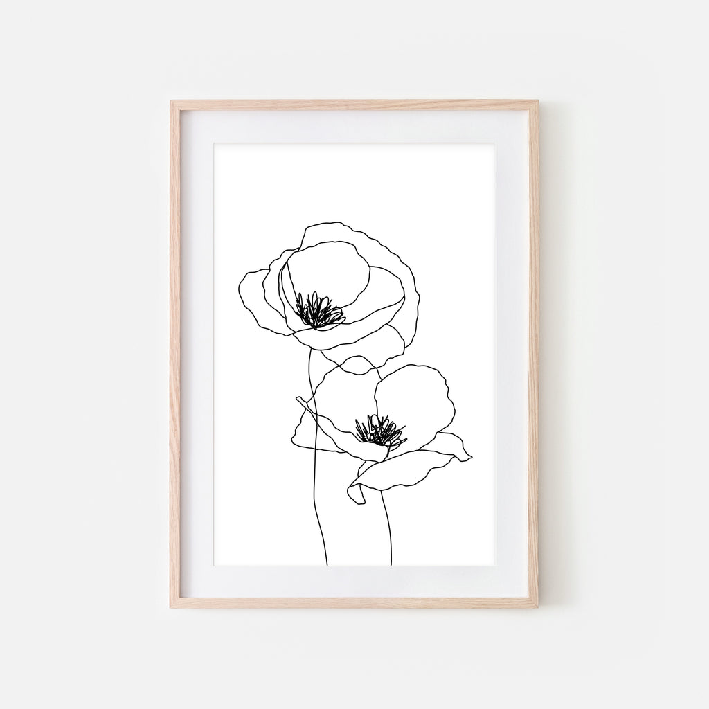 Two Poppy Flowers - Minimalist Line Art - Botanical Illustration - Black & White - Printable Wall Art