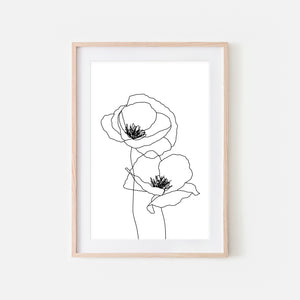 Two Poppy Flowers - Minimalist Line Art - Botanical Illustration - Black & White - Printable Wall Art