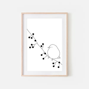 Bird on a Branch with Berries Wall Art No. 16 - Black and White Line Drawing - Print, Poster or Printable Download