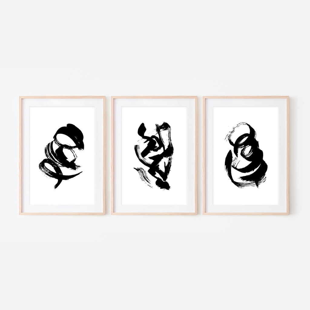 Set of 3 Abstract No. 2 Wall Art - Black and White Ink Brush Strokes Painting - Print, Poster or Printable Download - Vertical