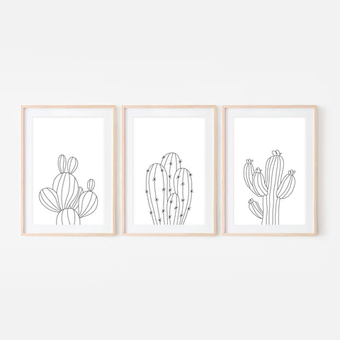 Set of 3 - Botanical Set No. 2 Wall Art - Minimalist Cactus Line Drawing - Black and White Print, Poster or Printable Download