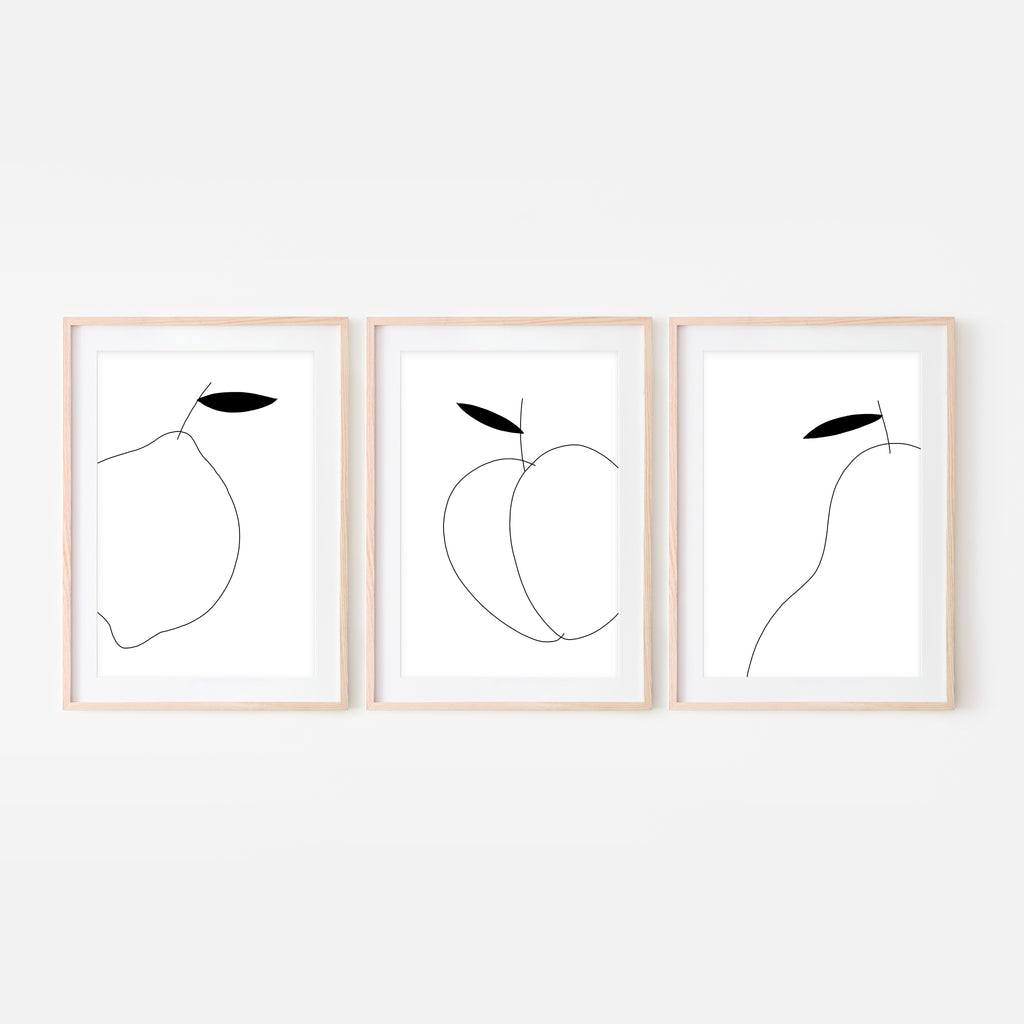 Set of 3 Fruit Wall Art - Lemon Peach Pear - Black and White Line Drawing - Print, Poster or Printable Download