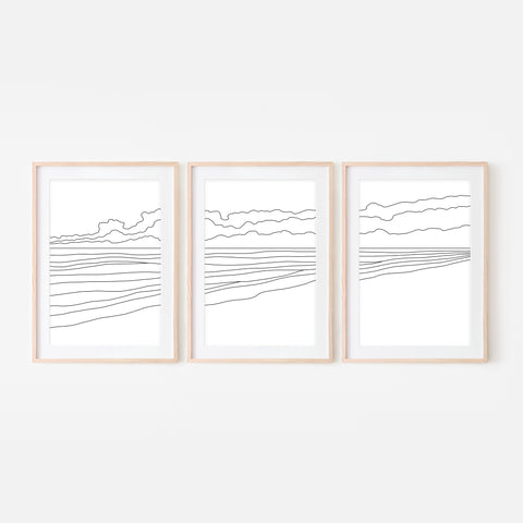 Beach Set No. 2 - Set of 3 Wall Art - Ocean Line Art - Coastal Decor - Minimalist Abstract Landscape - Black and White Print, Poster or Printable Download