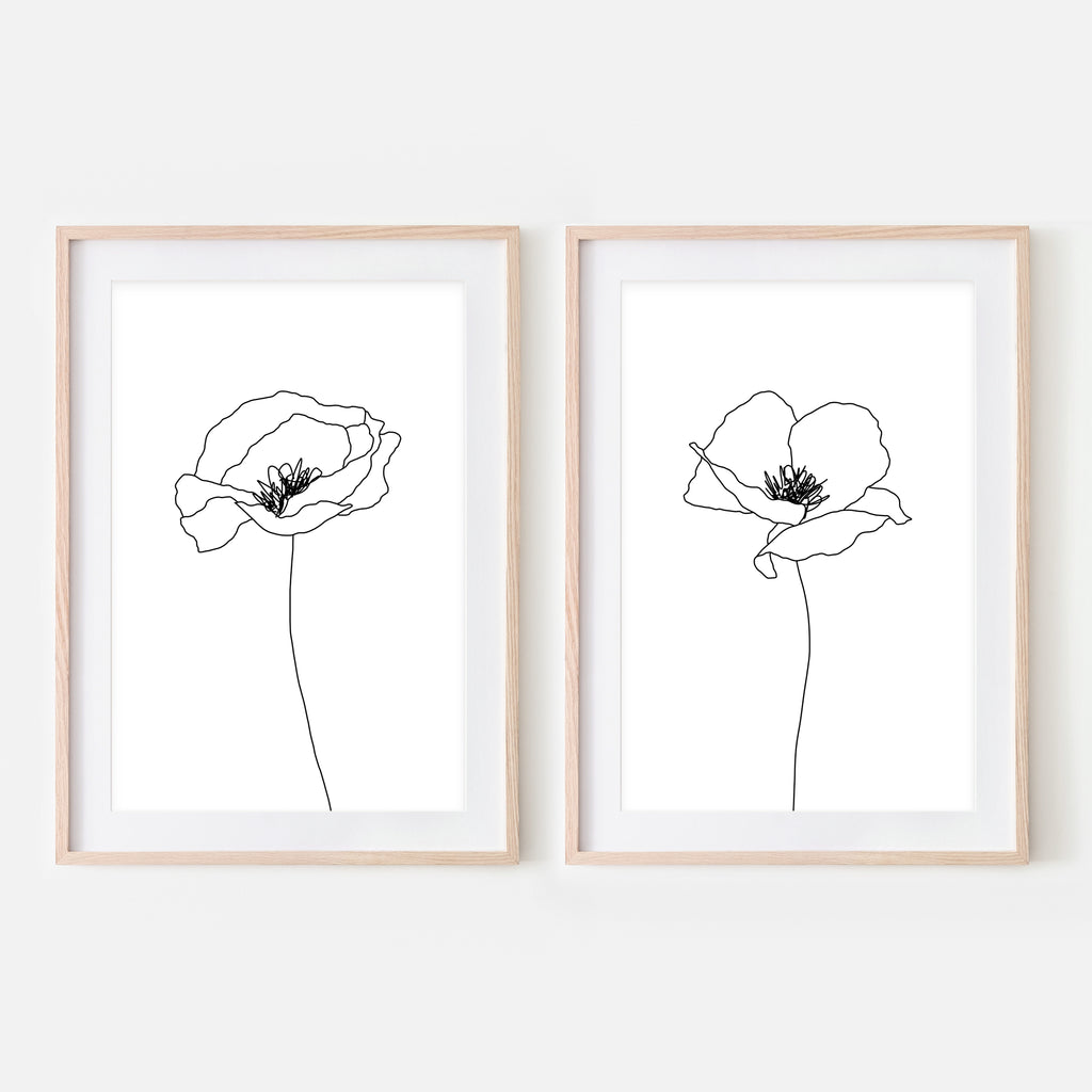Poppy Flowers - Minimalist Line Art - Black & White - Printable Wall Art - Set of 2