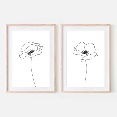 Poppy Flowers - Minimalist Line Art - Black & White - Printable Wall Art - Set of 2