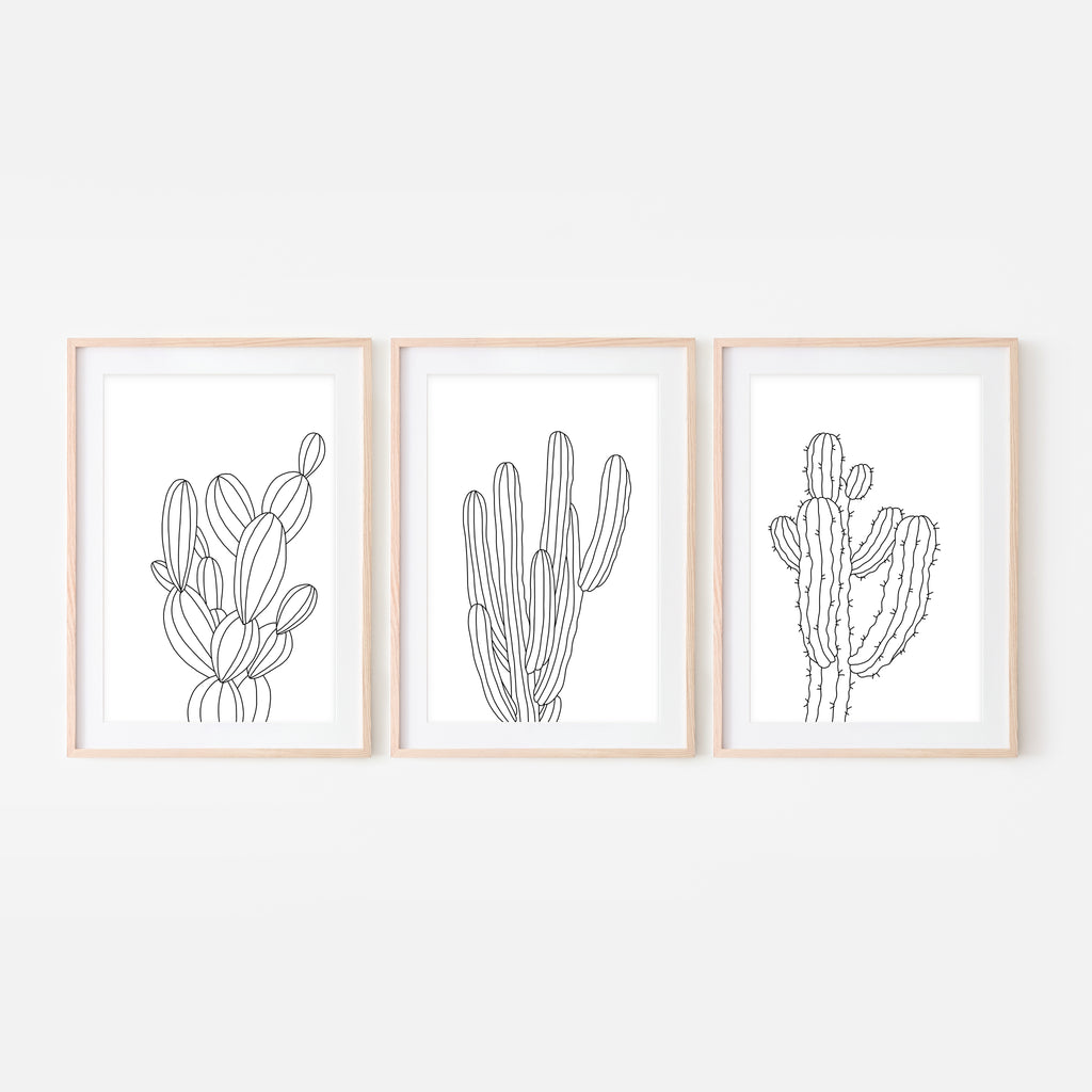 Set of 3 - Botanical Set No. 3 Wall Art - Minimalist Cactus Line Drawing - Black and White Print, Poster or Printable Download