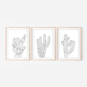 Set of 3 - Botanical Set No. 3 Wall Art - Minimalist Cactus Line Drawing - Black and White Print, Poster or Printable Download