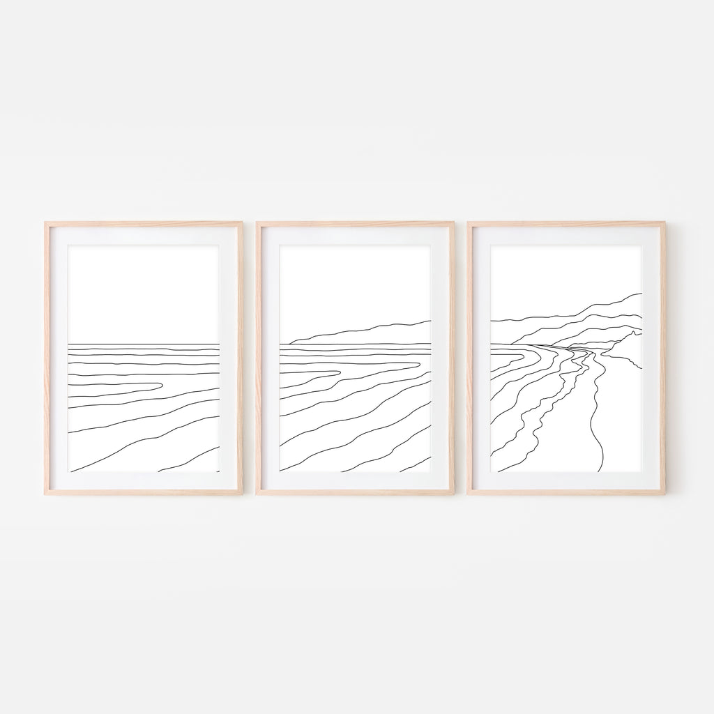 Beach Set No. 3 - Set of 3 Wall Art - Ocean Line Art - Mountain Coastal Decor - Minimalist Abstract Landscape - Black and White Print, Poster or Printable Download
