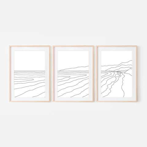Beach Set No. 3 - Set of 3 Wall Art - Ocean Line Art - Mountain Coastal Decor - Minimalist Abstract Landscape - Black and White Print, Poster or Printable Download