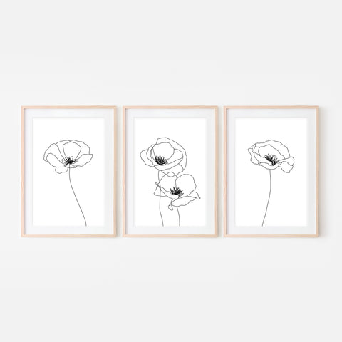Poppy Flowers - Minimalist Line Art - Black & White - Printable Wall Art - Set of 3