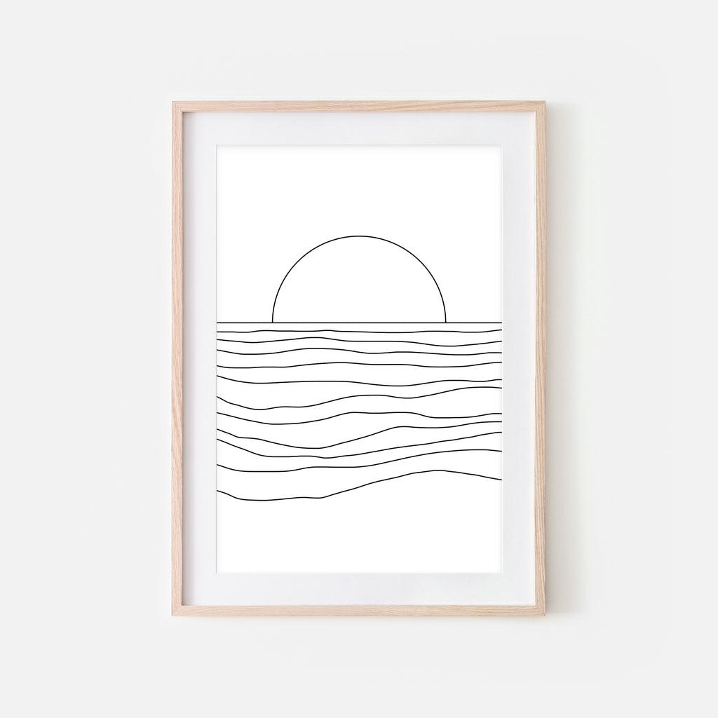 Sunset No. 3 Wall Art - Minimalist Abstract Ocean Beach Landscape Line Drawing - Black and White Print, Poster or Printable Download