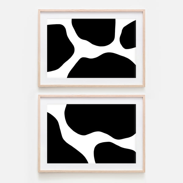 Set of 2 Abstract No. 4 Black and White Wall Art - Cow Spots Pattern - Print, Poster or Printable Download - Horizontal