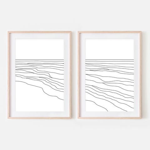 Beach Set No. 4 - Set of 2 Wall Art - Ocean Waves Line Art - Coastal Decor - Minimalist Abstract Landscape - Black and White Print, Poster or Printable Download