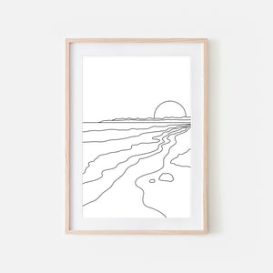 Sunset No. 4 Line Art - Minimalist Abstract Coastal Ocean Beach Landscape Wall Decor - Black and White Print, Poster or Printable Download