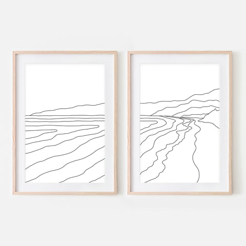 Beach Set No. 5 - Set of 2 Wall Art - Ocean Line Art - Mountain Coastal Decor - Minimalist Abstract Landscape - Black and White Print, Poster or Printable Download