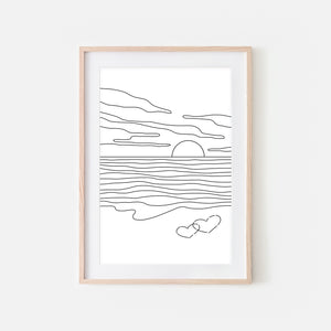 Sunset No. 6 Line Art - Minimalist Beach Ocean Landscape Wall Decor - Tropical Love Couple Bedroom Decor - Black and White Print, Poster or Printable Download
