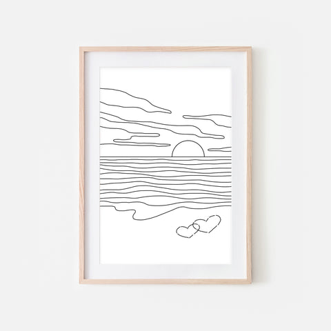 Sunset No. 6 Line Art - Minimalist Beach Ocean Landscape Wall Decor - Tropical Love Couple Bedroom Decor - Black and White Print, Poster or Printable Download