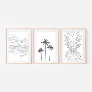 Set of 3 Beach Wall Art - Ocean Sunset Love Palm Trees Pineapple - Black and White Line Art Drawing - Print, Poster or Printable Download - Home Decor
