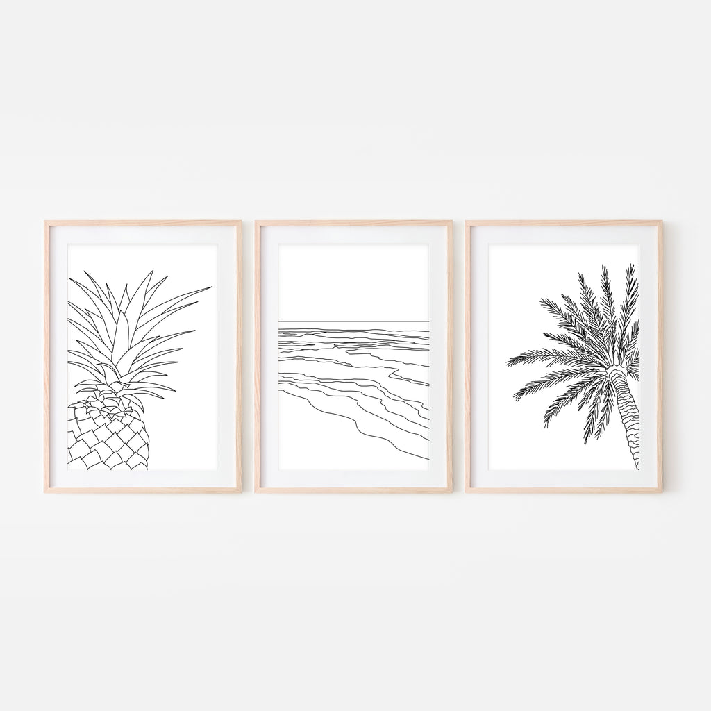 Set of 3 Beach Wall Art - Pineapple Ocean Waves Palm Tree - Black and White Line Art Drawing - Print, Poster or Printable Download - Home Decor
