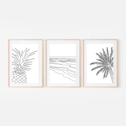 Set of 3 Beach Wall Art - Pineapple Ocean Waves Palm Tree - Black and White Line Art Drawing - Print, Poster or Printable Download - Home Decor