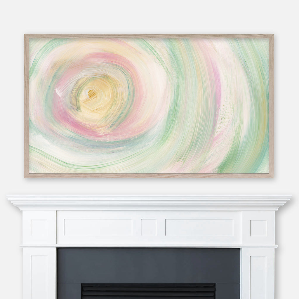 Candy Sunshine pastel abstract painting displayed in Samsung Frame TV above fireplace
